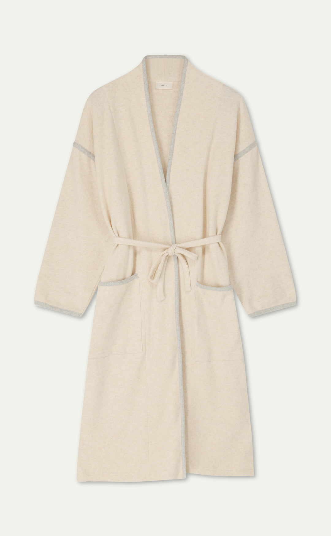 Beige robe with blue trim on a white background